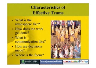 Characteristics of
Effective Teams
• What is the
atmosphere like?
• How does the work
get done?
• What is
communication like?
• How are decisions
made?
• Where is the focus?
 