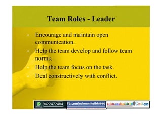 Team Roles - Leader
• Encourage and maintain open
communication.
• Help the team develop and follow team
norms.
• Help the team focus on the task.
• Deal constructively with conflict.
 