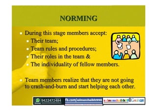 NORMINGNORMING
 During this stage members accept:During this stage members accept:
 Their team;Their team;
 Team rules and procedures;Team rules and procedures;
 Their roles in the team &Their roles in the team &
 The individuality of fellow members.The individuality of fellow members.
 Team members realize that they are not goingTeam members realize that they are not going
to crash-and-burn and start helping each other.to crash-and-burn and start helping each other.
 
