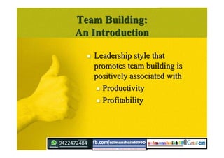 Team Building:Team Building:
An IntroductionAn Introduction
 Leadership style thatLeadership style that
promotes team building ispromotes team building is
positively associated withpositively associated with
 ProductivityProductivity
 ProfitabilityProfitability
 