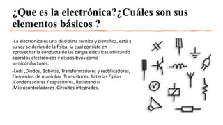 ¿Que es la electrónica?¿Cuáles son sus
elementos básicos ?
-La electrónica es una disciplina técnica y científica, está a
su vez se deriva de la física, la cual consiste en
aprovechar la conducta de las cargas eléctricas utilizando
aparatos electrónicos y dispositivos como
semiconductores.
-Leds ,Diodos, Bobinas, Transformadores y rectificadores,
Elementos de maniobra ,Transistores, Baterías / pilas
,Condensadores / capacitores, Resistencias
,Microcontroladores ,Circuitos integrados.
 