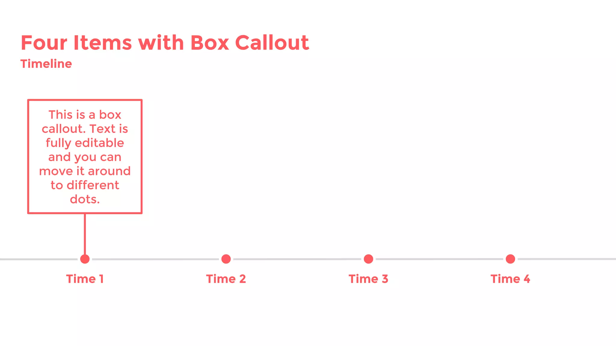 Four Items with Box Callout
Timeline
This is a box
callout. Text is
fully editable
and you can
move it around
to different
dots.
Time 1 Time 2 Time 3 Time 4
 