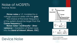 Device Noise
Noise of MOSFETs
Thermal, flicker.
Flicker noise 1/f. modeled by a
voltage source in series with the gate.
The choice of the lower frequency
of the system should be larger than the
Corner frequency fc.
flicker noise+ nonlinearity+ (time-
variance) = translation of flicker noise
into the band of interest [Mixers, OSC]
(*)K is a process-
dependent constant
 
