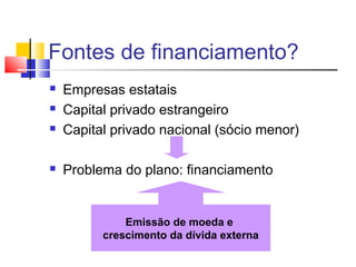 Fontes de financiamento?






Empresas estatais
Capital privado estrangeiro
Capital privado nacional (sócio menor)
Problema do plano: financiamento

Emissão de moeda e
crescimento da dívida externa

 