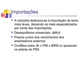 Importações







A indústria dedicava-se à importação de bens
mais leves, deixando os mais especializados
por conta das importações.
Desequilíbrios comerciais: déficit
Prazos curtos dos vencimentos dos
empréstimos externos
Conflitos entre JK x FMI x BIRD (n apoiavam
os pilares do PSI)

 