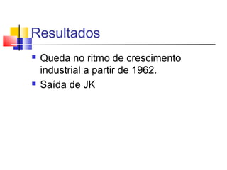 Resultados




Queda no ritmo de crescimento
industrial a partir de 1962.
Saída de JK

 
