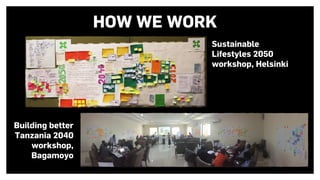 Sustainable
Lifestyles 2050
workshop, Helsinki
Building better
Tanzania 2040
workshop,
Bagamoyo
HOW WE WORK
 