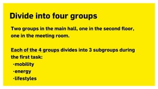 Two groups in the main hall, one in the second floor,
one in the meeting room.
Each of the 4 groups divides into 3 subgroups during
the first task:
•mobility
•energy
•lifestyles
Divide into four groups
 