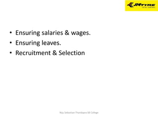 • Ensuring salaries & wages.
• Ensuring leaves.
• Recruitment & Selection
Niju Sebastian Thandapra SB College
 