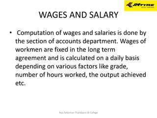 WAGES AND SALARY
• Computation of wages and salaries is done by
the section of accounts department. Wages of
workmen are fixed in the long term
agreement and is calculated on a daily basis
depending on various factors like grade,
number of hours worked, the output achieved
etc.
Niju Sebastian Thandapra SB College
 