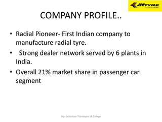 COMPANY PROFILE..
• Radial Pioneer- First Indian company to
manufacture radial tyre.
• Strong dealer network served by 6 plants in
India.
• Overall 21% market share in passenger car
segment
Niju Sebastian Thandapra SB College
 