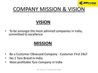 COMPANY MISSION & VISION
VISION
• To be amongst the most admired companies in India,
committed to excellence
MISSION
• Be a Customer Obsessed Company - Customer First 24x7
• No.1 Tyre Brand in India
• Most profitable Tyre Company in India
Niju Sebastian Thandapra SB College
 
