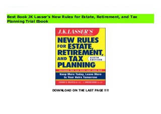 DOWNLOAD ON THE LAST PAGE !!!!
Download Here https://ebooklibrary.solutionsforyou.space/?book=1119559138 The popular handbook to estate planning, now updated for 2018Since its first publication in 2002, New Rules for Estate, Retirement, and Tax Planning has sold more than 40,000 copies, providing a solid, accessible introduction to estate planning for any age or income bracket. Now in its sixth edition, Estate, Retirement, and Tax Planning continues this tradition, covering such topics as trusts, donations, life insurance, and wills in easy-to-understand language that offers valuable insights and solid strategies to help you preserve your wealth and plan your estate so that your assets go where you want with a minimum of taxes and government interference. This comprehensive guide answers such common questions as: How much do I need to retire comfortably? How do I protect my children's inheritance? How do I ensure planned donations are made after I'm gone? And many more.The Sixth Edition is also fully updated to reflect changes following the 2018 Tax Cuts and Jobs Act, so that you can learn how new regulations could impact your inheritance and trusts. Other notable features include advice on working with elderly parents and introducing financial planning to children and teenagers, in addition to a list of professional advisers and a glossary of estate planning terms.Understand estate planning and obtain solid strategies for growing your wealth Explore asset protection and succession planning strategies Discover how recent updates to the tax code could affect you and your heirs Stay informed of any relevant law changes with an author-managed web site Estate, Retirement, and Tax Planning contains a wealth of valuable information for any adult who needs help planning their financial future, from the established professional heading toward retirement, to the young adult looking to understand the basics. Wherever you are in your journey, use Estate, Retirement, and Tax Planning to ensure your legacy is protected.
Read Online PDF JK Lasser's New Rules for Estate, Retirement, and Tax Planning Download PDF JK Lasser's New Rules for Estate, Retirement, and Tax Planning Download Full PDF JK Lasser's New Rules for Estate, Retirement, and Tax Planning
Best Book JK Lasser's New Rules for Estate, Retirement, and Tax
Planning Trial Ebook
 