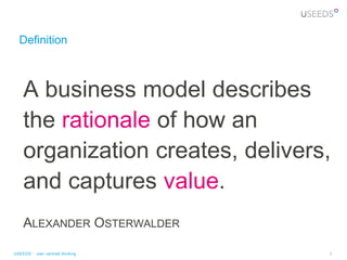 Definition



    A business model describes
    the rationale of how an
    organization creates, delivers,
    and captures value.
    ALEXANDER OSTERWALDER

USEEDS° user centred thinking     5
 
