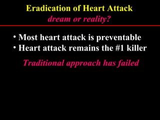 • Most heart attack is preventable
• Heart attack remains the #1 killer
Traditional approach has failedTraditional approach has failed
Eradication of Heart Attack
dream or reality?dream or reality?
 