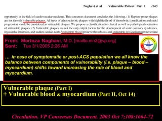 Circulation. VP Consensus Document. 2003 Oct 7;108:1664-72Circulation. VP Consensus Document. 2003 Oct 7;108:1664-72
Vulnerable plaque (Part I)
+ Vulnerable blood & myocardium (Part II, Oct 14)
→ Vulnerable patient: high risk of near-term  (Part III)
From:From: Morteza NaghaviMorteza Naghavi , M.D. [mailto:mn2@vp.org], M.D. [mailto:mn2@vp.org]
Sent:Sent: Tue 3/1/2005 2:26 AMTue 3/1/2005 2:26 AM
… in case of symptomatic or post-ACS population we all know the
balance between components of vulnerability (i.e. plaque – blood –
myocardium) shifts toward increasing the role of blood and
myocardium.
 