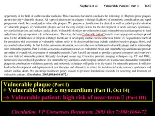 Circulation. VP Consensus Document. 2003 Oct 7;108:1664-72Circulation. VP Consensus Document. 2003 Oct 7;108:1664-72
Vulnerable plaque (Part I)
+ Vulnerable blood & myocardium (Part II, Oct 14)
→→ Vulnerable patient: high risk of near-termVulnerable patient: high risk of near-term  (Part III)(Part III)
 