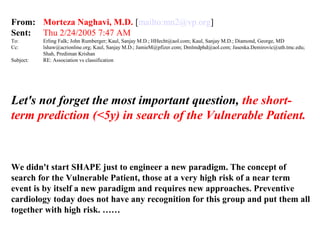 From: Morteza Naghavi, M.D. [mailto:mn2@vp.org]
Sent: Thu 2/24/2005 7:47 AM
To: Erling Falk; John Rumberger; Kaul, Sanjay M.D.; HHecht@aol.com; Kaul, Sanjay M.D.; Diamond, George, MD
Cc: lshaw@acrionline.org; Kaul, Sanjay M.D.; JamieM@pfizer.com; Dmlmdphd@aol.com; Jasenka.Demirovic@uth.tmc.edu;
Shah, Prediman Krishan
Subject: RE: Association vs classification
Let's not forget the most important question, the short-
term prediction (<5y) in search of the Vulnerable Patient.
We didn't start SHAPE just to engineer a new paradigm. The concept of
search for the Vulnerable Patient, those at a very high risk of a near term
event is by itself a new paradigm and requires new approaches. Preventive
cardiology today does not have any recognition for this group and put them all
together with high risk. ……
 