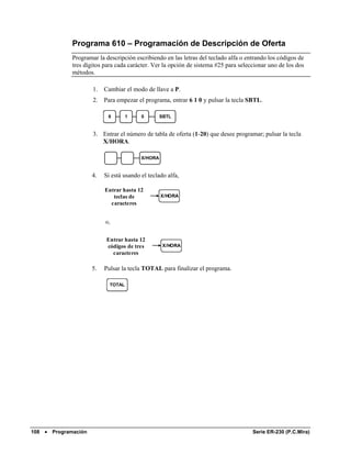 Programa 610 – Programación de Descripción de Oferta
              Programar la descripción escribiendo en las letras del teclado alfa o entrando los códigos de
              tres dígitos para cada carácter. Ver la opción de sistema #25 para seleccionar uno de los dos
              métodos.

                       1.   Cambiar el modo de llave a P.
                       2.   Para empezar el programa, entrar 6 1 0 y pulsar la tecla SBTL.

                             6        1    0        SBTL


                       3. Entrar el número de tabla de oferta (1-20) que desee programar; pulsar la tecla
                          X/HORA.

                                           X/HORA


                       4.   Si está usando el teclado alfa,

                            Entrar hasta 12
                               teclas de            X/HORA
                              caracteres


                            o,


                             Entrar hasta 12
                             códigos de tres         X/HORA
                               caracteres

                       5.   Pulsar la tecla TOTAL para finalizar el programa.

                              TOTAL




108 •   Programación                                                                  Serie ER-230 (P.C.Mira)
 