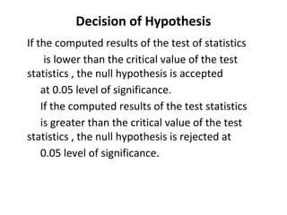 Decision of Hypothesis
If the computed results of the test of statistics
is lower than the critical value of the test
statistics , the null hypothesis is accepted
at 0.05 level of significance.
If the computed results of the test statistics
is greater than the critical value of the test
statistics , the null hypothesis is rejected at
0.05 level of significance.
 