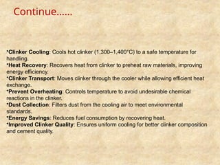 Continue……
•Clinker Cooling: Cools hot clinker (1,300–1,400°C) to a safe temperature for
handling.
•Heat Recovery: Recovers heat from clinker to preheat raw materials, improving
energy efficiency.
•Clinker Transport: Moves clinker through the cooler while allowing efficient heat
exchange.
•Prevent Overheating: Controls temperature to avoid undesirable chemical
reactions in the clinker.
•Dust Collection: Filters dust from the cooling air to meet environmental
standards.
•Energy Savings: Reduces fuel consumption by recovering heat.
•Improved Clinker Quality: Ensures uniform cooling for better clinker composition
and cement quality.
 