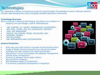 Technologies
Technology Overview
We are working in following technologies, but there is no limitation on
adopting new technologies, tools & methodologies.
• .NET (ASP.NET, C#, VB.NET, WEBSERVICES, SHAREPOINT)
• ASP, HTML, DHTML, PHP, CGI, JAVASCRIPT, VBSCRIPT
• JAVA, JSP, WEBSPHERE
• ORACLE, SQL SERVER, MYSQL, MS ACCESS, BD2
• INFORMIX, INGRES
• ERP SOLUTIONS
• SAP INTEGRATION AND CUSTOMIZATION
Areas of Expertise:
• Multi-user and multi-function corporate Intranet Portal system.
• Usage of Mobile Internet programming in the portal system.
• Extending the Web solutions with latest technologies
• Specializing in server technologies like database management,
• remote server management.
• Dynamic & database driven page creation.
• Secured Online shopping.
• Web Database design & maintenance.
• E-commerce component development & integration.
Our applications centers of expertise provide the required depth of knowledge to deliver software solutions
through rapid development cycles and global standard application frameworks.
 