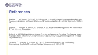 References
Bladen, C., & Kennell, J. (2014). Educating the 21st century event management graduate:
Pedagogy, practice, pro...