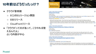 10年前はどうだったっけ？
● クラウド黎明期
○ EC2のEUリージョン開設
○ EBSリリース
○ CloudFrontリリース
● 「クラウドってのがあって、こうやれば使
えるんだよ」
という内容が中心
 