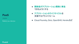 PaaS
Platform as a Service
● 開発者がアプリケーション開発に専念
できるようにする
● アプリケーションのライフサイクルを
支援するプラットフォーム
● Cloud Foundry, Deis, OpenShift, Herokuなど
 