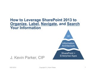 How to Leverage SharePoint 2013 to 
Organize, Label, Navigate, and Search 
Your Information 
J. Kevin Parker, CIP 
UI 
Information 
Architecture 
SharePoint + 
Enterprise Apps 
10/01/2014 Copyright © J. Kevin Parker 1 
 