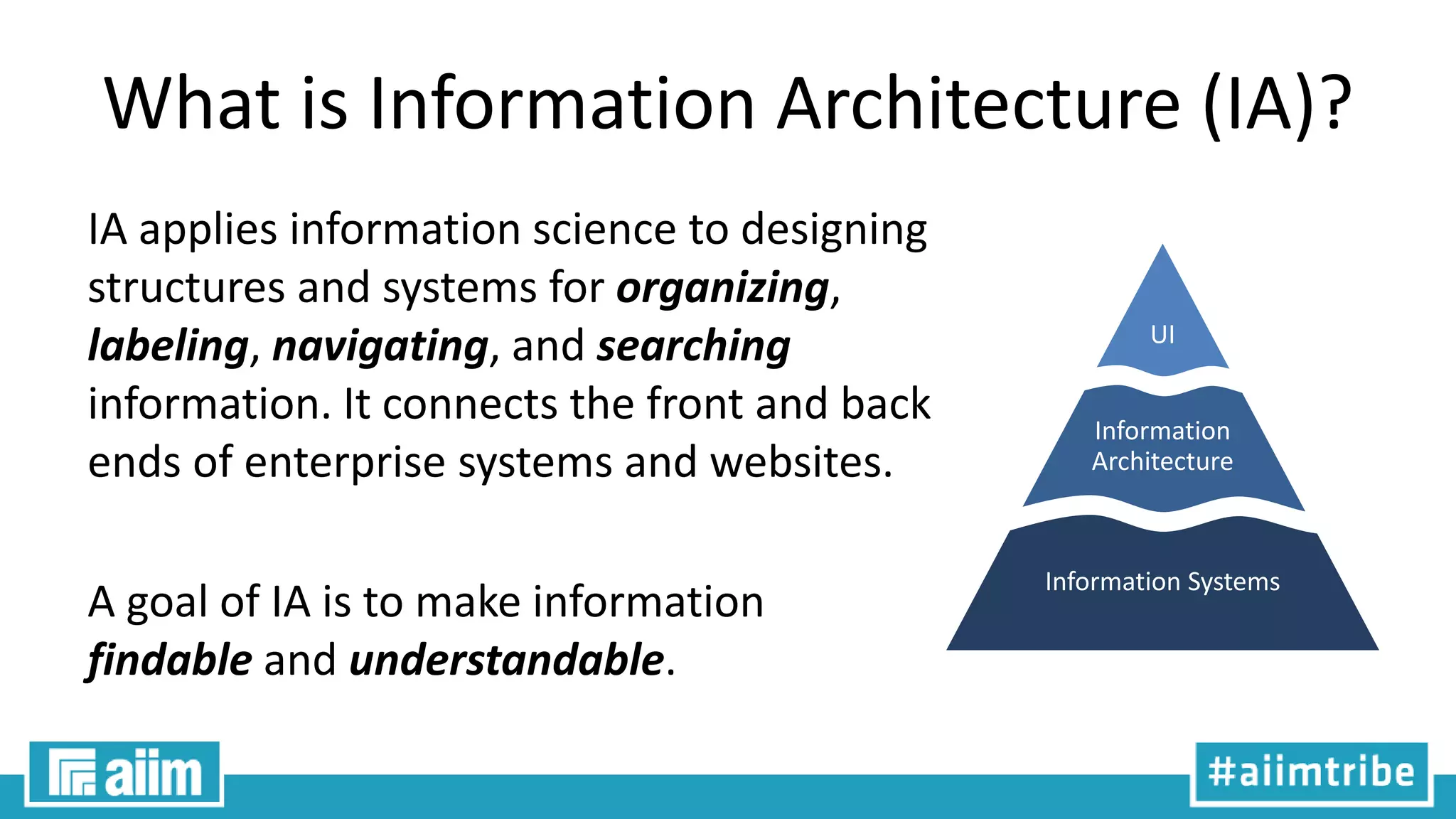 What is Information Architecture (IA)?
IA applies information science to designing
structures and systems for organizing,
labeling, navigating, and searching
information. It connects the front and back
ends of enterprise systems and websites.
A goal of IA is to make information
findable and understandable.
UI
Information
Architecture
Information Systems
 