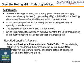 Steel Hot Rolling Mill (HRM) Upgradation.
Objectives:
• Steel Hot Rolling mill being the starting point of our internal supply
chain, consistency in steel (output and quality) obtained from hot rolling
determines the operational efficiency in file manufacturing .
• In our previous process of hot rolling, we were losing substantial
quantity of steel as scrap.
• The capacity of our HRM is 600 MT per month.
• So as to minimize the wastages we have adopted the latest techologies
like Induction heating in Neutral atmosphere, Peeling etc.

Results/Benefits Achieved:
• An Annual Saving in Raw material of 384 MT (Rs. 173 Lac) is being
achieved by minimizing the process scrap by Infusion of New
Technology in the Manufacturing. The micro details of savings in
discussed in the following slides.

11

Confidential

 