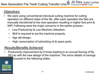 New Generation File Teeth Cutting Transfer Line.

Objectives:
• We were using conventional individual cutting machine for cutting
operation on different sides of the file, after each operation the files are
manually transferred to the next operation resulting in higher foot print &
WIP. Following were the major concerns in the earlier process :
• Low Productivity & Low Machine Utilization.
• Skill is required to set the machine properly.
• Age old design.
• High consumption of lubricating oil & spare parts.

Results/Benefits Achieved:
• Productivity improvement by 6 times leading to an annual Saving of Rs.
39 Lac with the new design of the machine. The micro details of savings
in discussed in the following slides.

24

Confidential

 