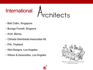 International
• Belt Collin, Singapore
• Burega Furnell, Singaore
• Arch. Benoy
• Chhada Siembieda Associates ltd.
• PIA, Thailand
• Wet Designs, Los Angeles
• Wilson & Associates, Los Angeles
S
 