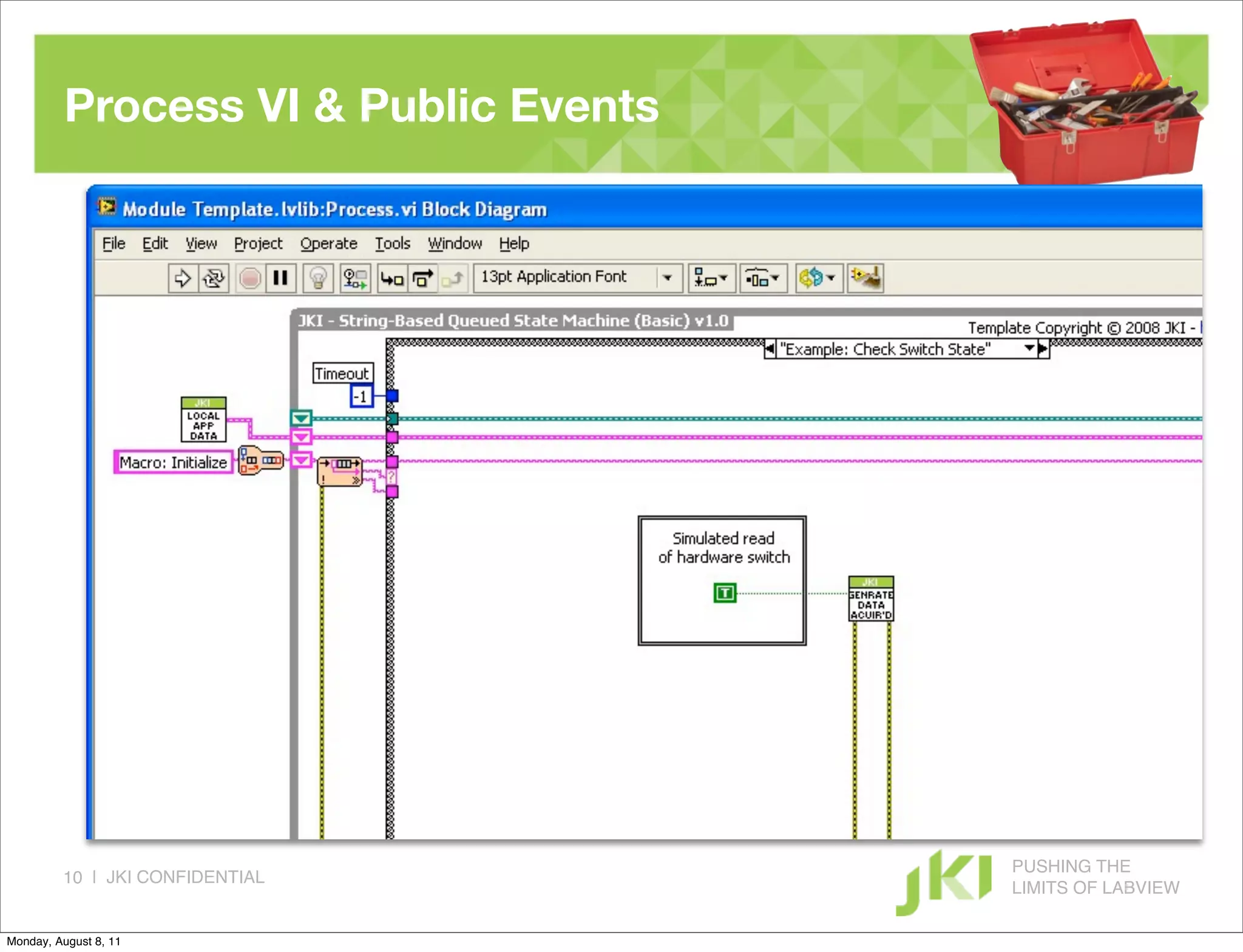 Process VI & Public Events




                                       PUSHING THE
         10 | JKI CONFIDENTIAL
                                       LIMITS OF LABVIEW

Monday, August 8, 11
 
