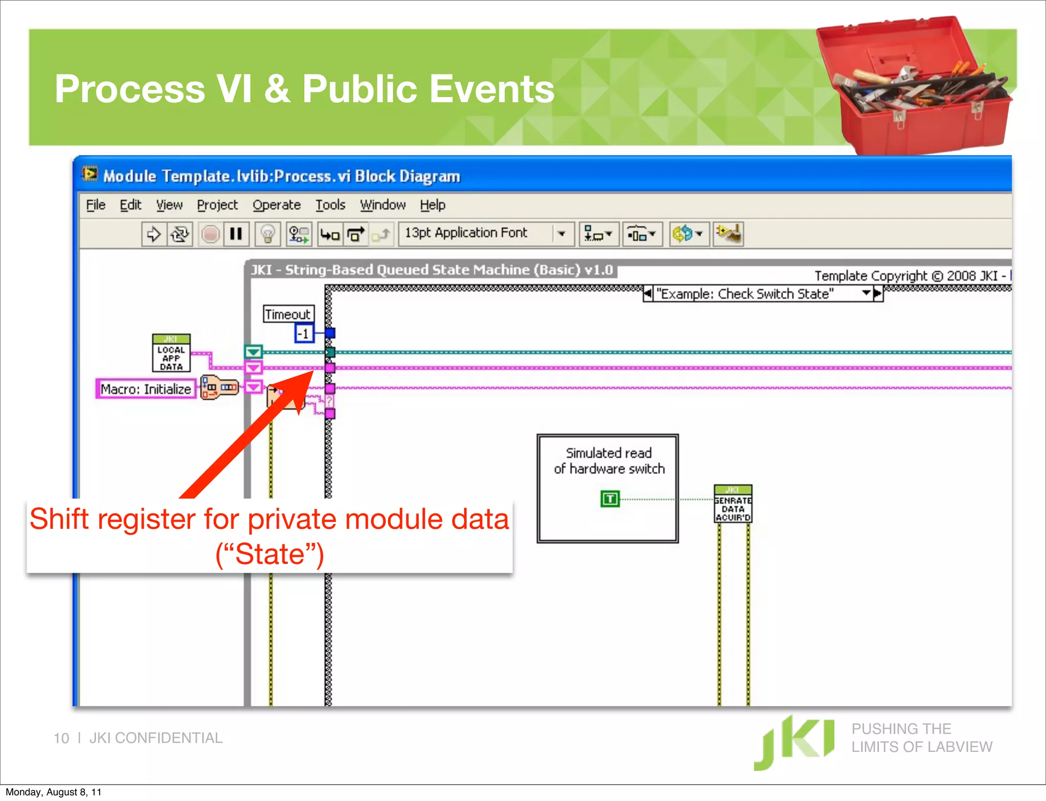 Process VI & Public Events




    Shift register for private module data
                    (“State”)




                                             PUSHING THE
         10 | JKI CONFIDENTIAL
                                             LIMITS OF LABVIEW

Monday, August 8, 11
 