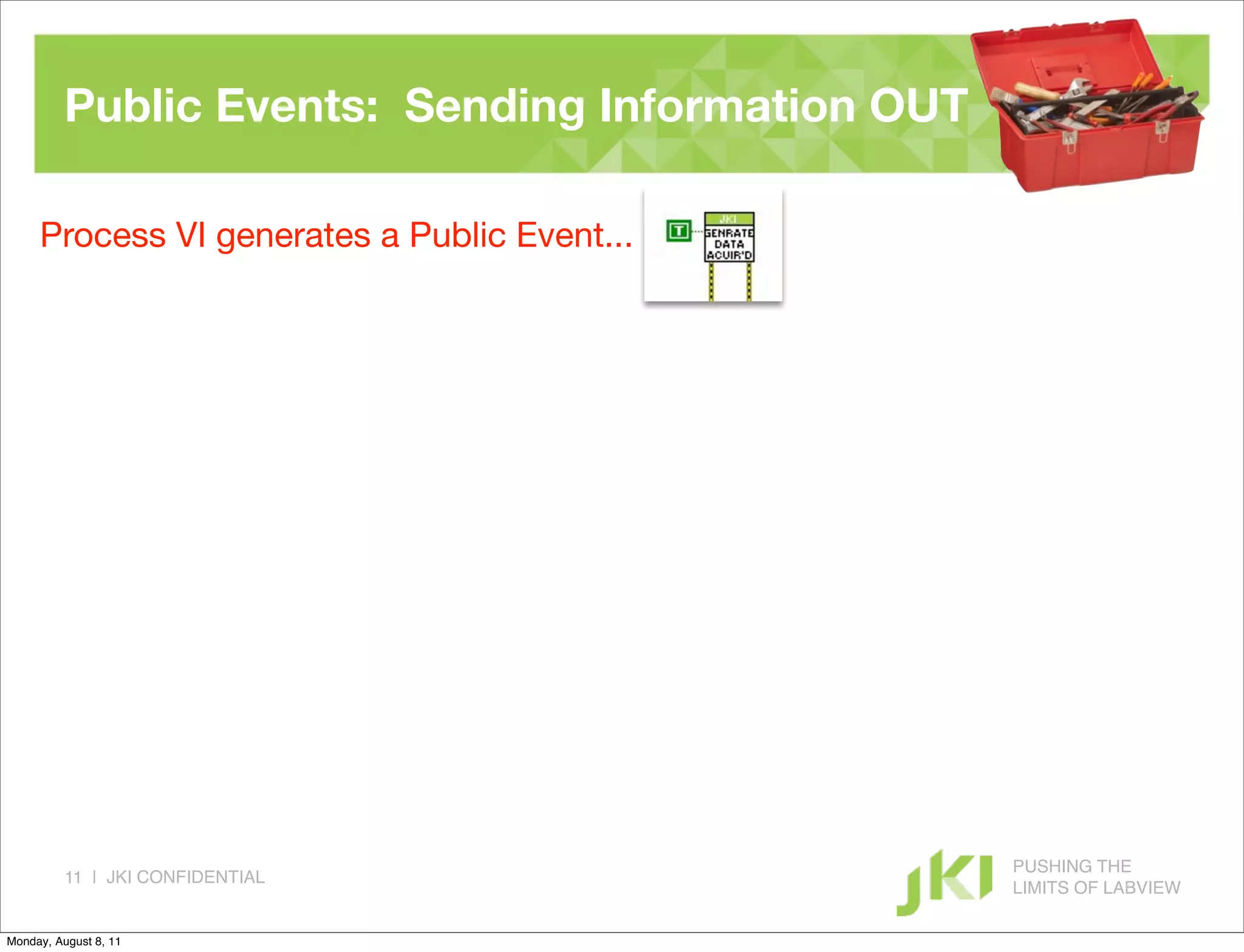 Public Events: Sending Information OUT

     Process VI generates a Public Event...




                                                   PUSHING THE
          11 | JKI CONFIDENTIAL
                                                   LIMITS OF LABVIEW

Monday, August 8, 11
 