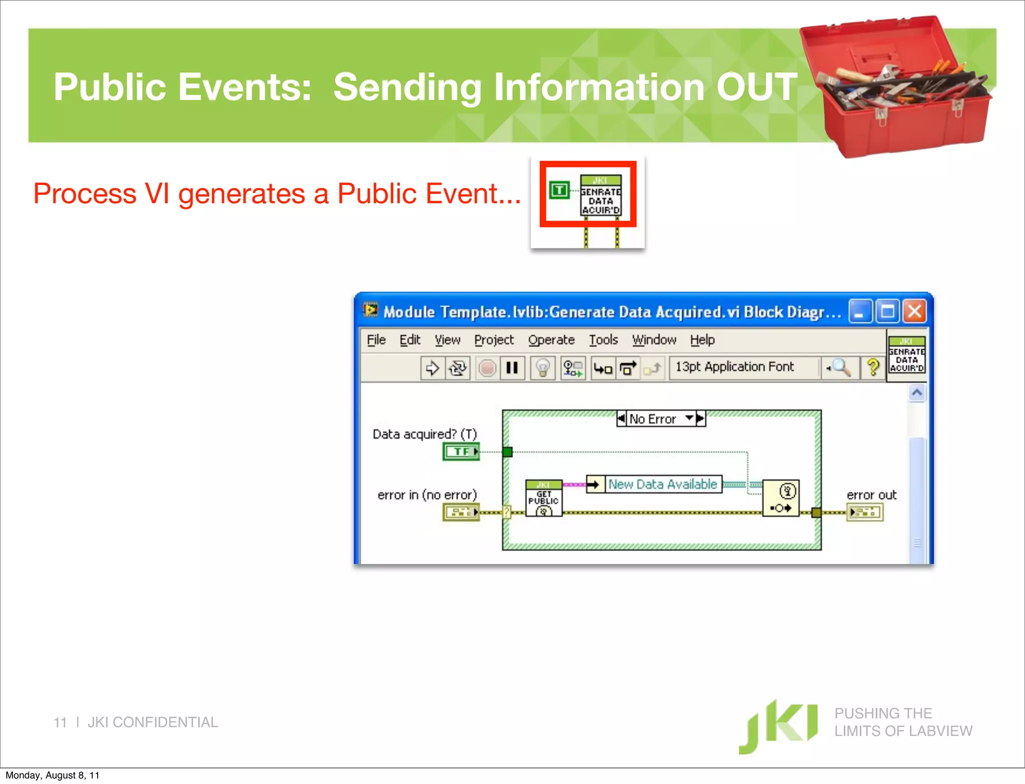 Public Events: Sending Information OUT

     Process VI generates a Public Event...




                                                   PUSHING THE
          11 | JKI CONFIDENTIAL
                                                   LIMITS OF LABVIEW

Monday, August 8, 11
 