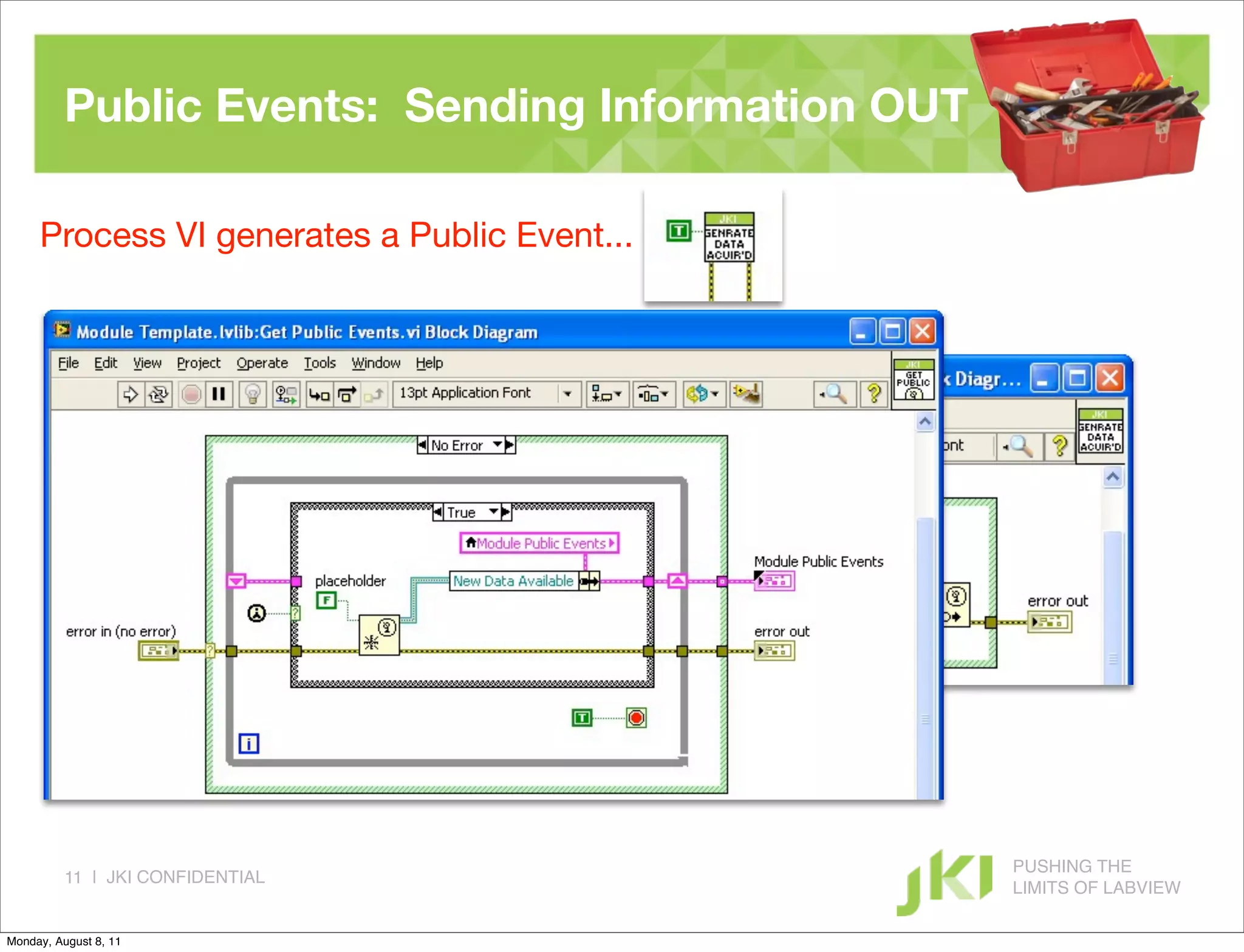 Public Events: Sending Information OUT

     Process VI generates a Public Event...




                                                   PUSHING THE
          11 | JKI CONFIDENTIAL
                                                   LIMITS OF LABVIEW

Monday, August 8, 11
 
