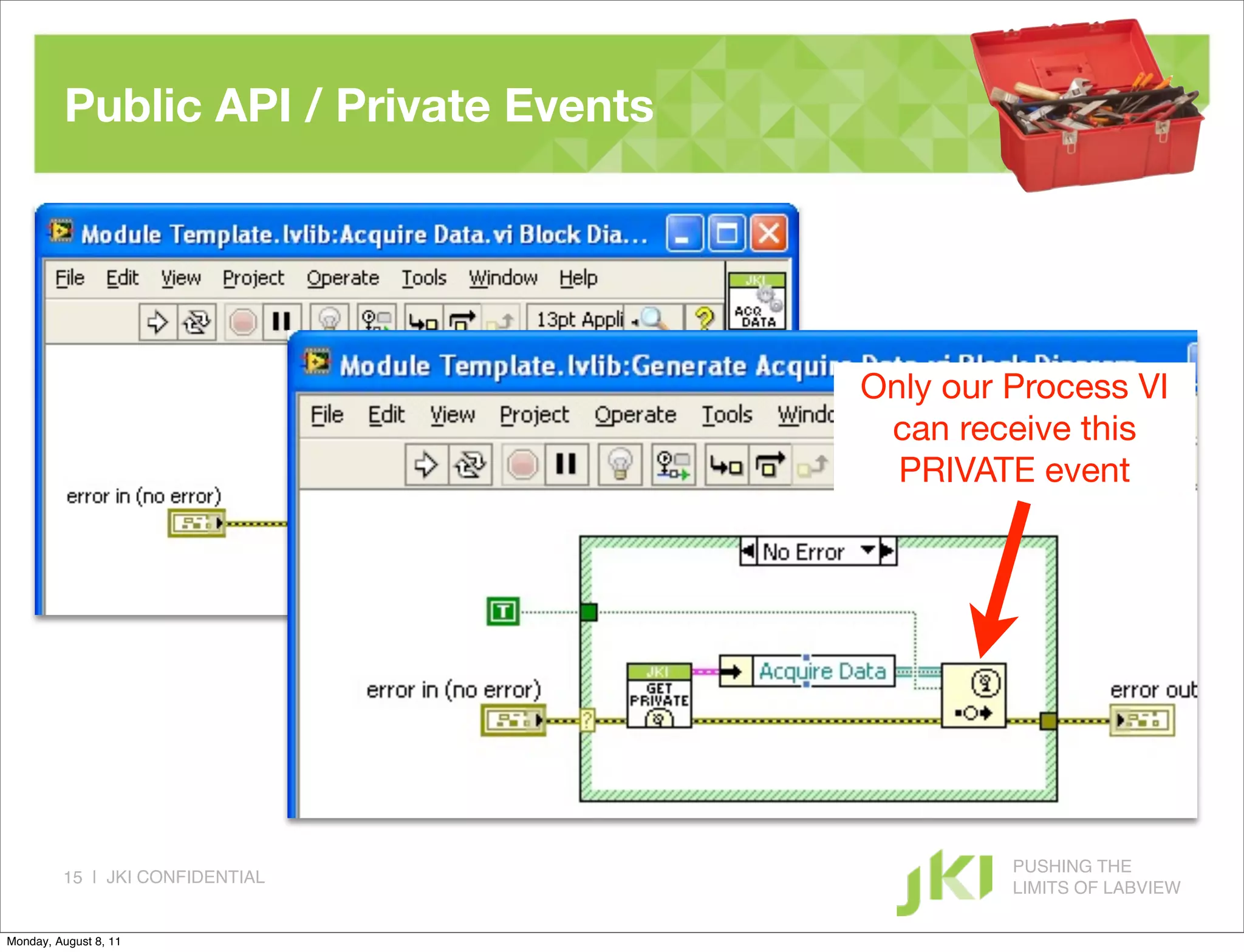 Public API / Private Events




                                        Only our Process VI
                                         can receive this
                                          PRIVATE event




                                                 PUSHING THE
         15 | JKI CONFIDENTIAL
                                                 LIMITS OF LABVIEW

Monday, August 8, 11
 