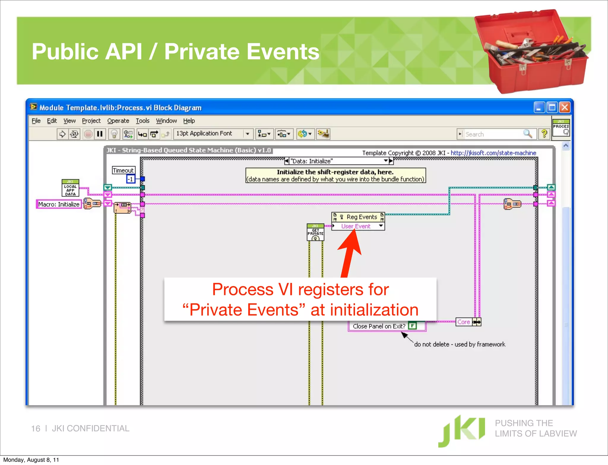 Public API / Private Events




                                     Process VI registers for
                                 “Private Events” at initialization




                                                                      PUSHING THE
         16 | JKI CONFIDENTIAL
                                                                      LIMITS OF LABVIEW

Monday, August 8, 11
 