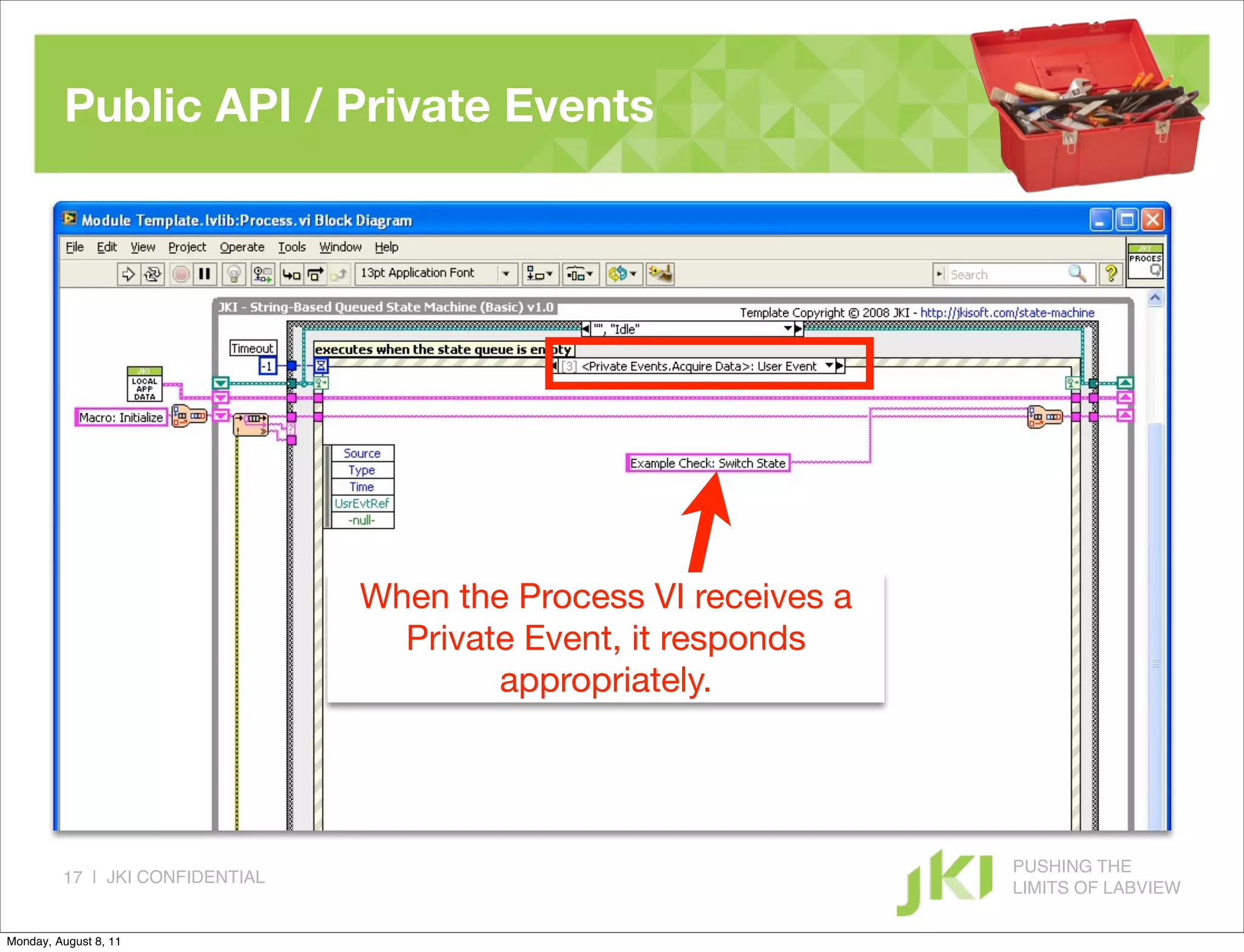 Public API / Private Events




                                 When the Process VI receives a
                                   Private Event, it responds
                                         appropriately.




                                                                  PUSHING THE
         17 | JKI CONFIDENTIAL
                                                                  LIMITS OF LABVIEW

Monday, August 8, 11
 