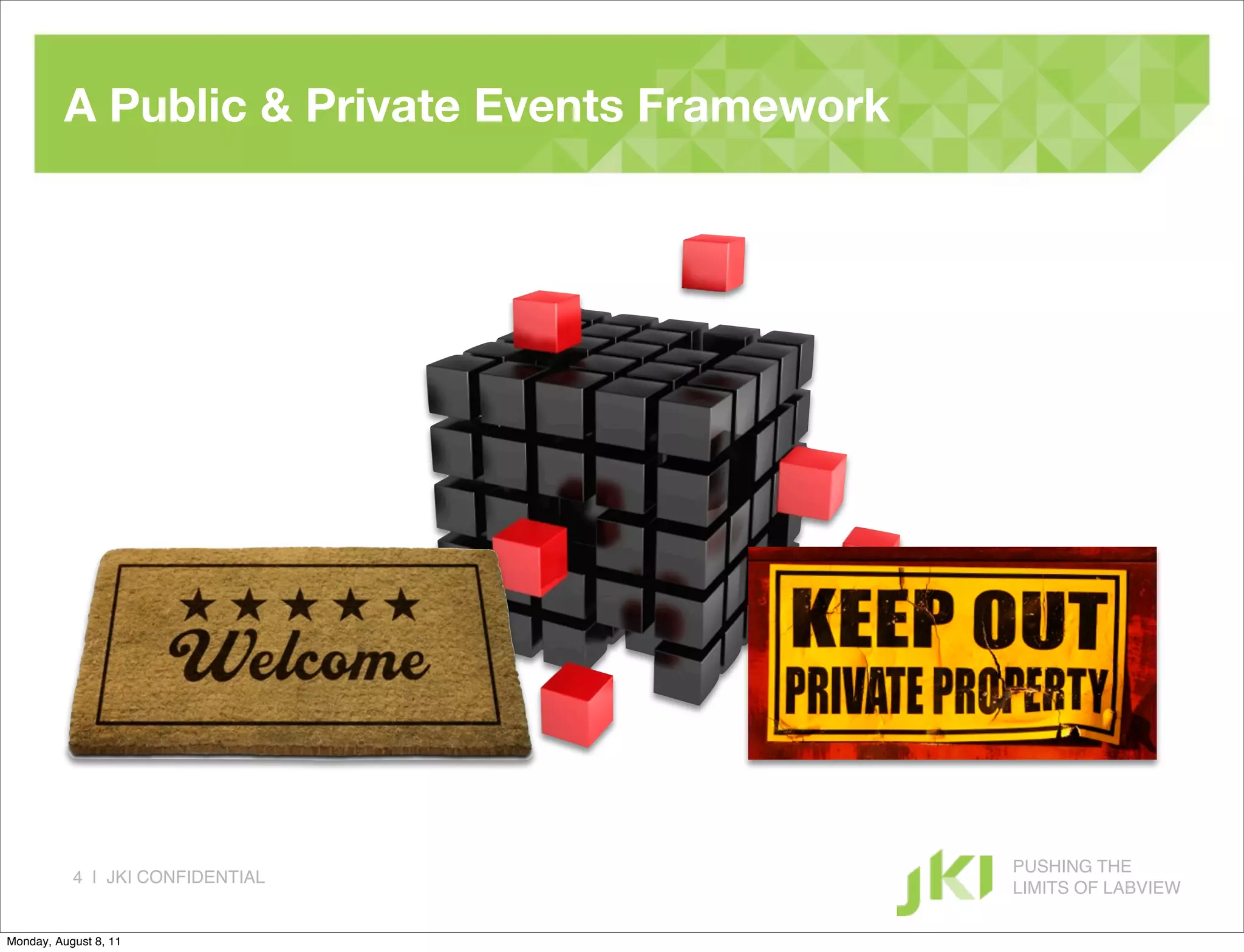 A Public & Private Events Framework




                                                PUSHING THE
           4 | JKI CONFIDENTIAL
                                                LIMITS OF LABVIEW

Monday, August 8, 11
 