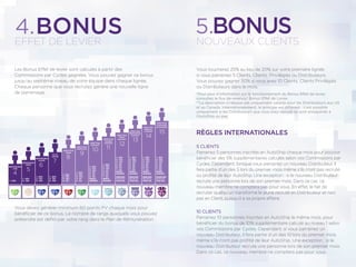 ASSOCIATE
4.BONUSEFFET DE LEVIER
5.BONUSNOUVEAUX CLIENTS
Les Bonus Effet de levier sont calculés à partir des
Commissions par Cycles gagnées. Vous pouvez gagner ce bonus
jusqu’au septième niveau de votre équipe dans chaque lignée.
Chaque personne que vous recrutez génère une nouvelle ligne
de parrainage.
Vous devez générer minimum 60 points PV chaque mois pour
bénéﬁcier de ce bonus. Le nombre de rangs auxquels vous pouvez
prétendre est déﬁni par votre rang dans le Plan de Rémunération.
Vous toucherez 25% au lieu de 20% sur votre première lignée
si vous parrainez 5 Clients, Clients Privilégiés ou Distributeurs.
Vous pouvez gagner 30% si vous avez 10 Clients, Clients Privilégiés
ou Distributeurs dans le mois.
*Pour plus d’information sur le fonctionnement du Bonus Effet de levier,
consultez le ﬂux de revenus/ Bonus Effet de Levier.
**La description ci-dessus est uniquement valable pour les Distributeurs aux US
et au Canada. Internationalement, le principe est différent : il est possible
uniquement si les Distributeurs que vous avez recruté se sont enregistrés à
l’AutoShip ou pas.
RÈGLES INTERNATIONALES
5 CLIENTS
Parrainez 5 personnes inscrites en AutoShip chaque mois pour pouvoir
bénéﬁcier des 5% supplémentaires calculés selon vos Commissions par
Cycles. Cependant, lorsque vous parrainez un nouveau Distributeur, il
fera partie d’un des 5 lors du premier mois même s’ils n’ont pas recruté
ou proﬁté de leur AutoShip. Une exception : si le nouveau Distributeur
recrute une personne lors de son premier mois. Dans ce cas, ce
nouveau membre ne comptera pas pour vous. En effet, le fait de
recruter quelqu’un transforme le jeune recruté en Distributeur et non
pas en Client, puisqu’il a sa propre affaire.
10 CLIENTS
Parrainez 10 personnes inscrites en AutoShip le même mois, pour
bénéﬁcier du bonus de 10% supplémentaire calculé au niveau 1 selon
vos Commissions par Cycles. Cependant, si vous parrainez un
nouveau Distributeur, il fera partie d’un des 10 lors du premier mois
même s’ils n’ont pas proﬁté de leur AutoShip. Une exception : si le
nouveau Distributeur recrute une personne lors de son premier mois.
Dans ce cas, ce nouveau membre ne comptera pas pour vous.
1 - 20%
2 - 15%
3 - 10%
4 - 5%
5 - 5%
6 - 5%
7 - 5%
BONUS
DIAMANT
$250,000
BONUS
PONCTUEL
1 - 20%
2 - 15%
3 - 10%
4 - 5%
5 - 5%
6 - 5%
7 - 5%
BONUS
DIAMANT
$100,000
BONUS
PONCTUEL
1 - 20%
2 - 15%
3 - 10%
4 - 5%
5 - 5%
6 - 5%
7 - 5%
BONUS
DIAMANT
$500,000
BONUS
PONCTUEL
1 - 20%
2 - 15%
3 - 10%
4 - 5%
5 - 5%
6 - 5%
7 - 5%
BONUS
DIAMANT
$1,000,000
BONUS
PONCTUEL
1 - 20%
2 - 15%
3 - 10%
4 - 5%
5 - 5%
6 - 5%
7 - 5%
BONUS
DIAMANT
1 - 20%
2 - 15%
3 - 10%
4 - 5%
5 - 5%
6 - 5%
BONUS
DIAMANT
1 - 20%
2 - 15%
3 - 10%
4 - 5%
5 - 5%
1 - 20%
2 - 15%
3 - 10%
4 - 5%
1 - 20%
2 - 15%
3 - 10%
1 - 20%
2 - 15%
3 - 10%
DIRECTEUR
PRÉSIDENTIEL
DIAMANT
DIRECTEUR
IMPÉRIAL
DIAMANT
DIRECTEUR
TRIPLE
DIAMANTDIRECTEUR
DOUBLE
DIAMANTDIRECTEUR
DIAMANT
DIRECTEUR
ÉMERAUDE
DIRECTEUR
RUBIS
ÉLITE
SAPHIR
RESPONSABLE
SAPHIR
RESPONSABLE
PERLE
RESPONSABLE
JADE
DIRECTEUR
COURONNE
DE DIAMANT
1 - 20%
1 - 20%
2 - 15%
4
5
6
7
8
9
10 11
12
13
14
15
 