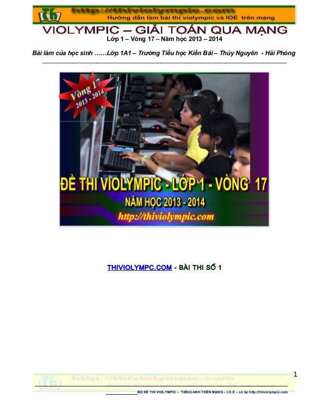 De thi violympic giai toan tren mang lop 1 - vong 17 - nam hoc 2013 -2014