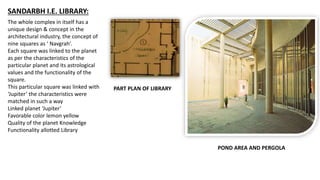 SANDARBH I.E. LIBRARY:
The whole complex in itself has a
unique design & concept in the
architectural industry, the concept of
nine squares as ‘ Navgrah’.
Each square was linked to the planet
as per the characteristics of the
particular planet and its astrological
values and the functionality of the
square.
This particular square was linked with
‘Jupiter’ the characteristics were
matched in such a way
Linked planet ‘Jupiter’
Favorable color lemon yellow
Quality of the planet Knowledge
Functionality allotted Library
PART PLAN OF LIBRARY
POND AREA AND PERGOLA
 