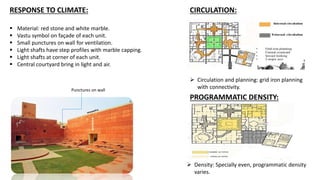 CIRCULATION:
PROGRAMMATIC DENSITY:
RESPONSE TO CLIMATE:
 Material: red stone and white marble.
 Vastu symbol on façade of each unit.
 Small punctures on wall for ventilation.
 Light shafts have step profiles with marble capping.
 Light shafts at corner of each unit.
 Central courtyard bring in light and air.
Punctures on wall
 Circulation and planning: grid iron planning
with connectivity.
 Density: Specially even, programmatic density
varies.
 