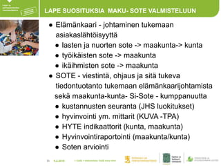 4.2.201821
LAPE SUOSITUKSIA MAKU- SOTE VALMISTELUUN
● Elämänkaari - johtaminen tukemaan
asiakaslähtöisyyttä
● lasten ja nuorten sote -> maakunta-> kunta
● työikäisten sote -> maakunta
● ikäihmisten sote -> maakunta
● SOTE - viestintä, ohjaus ja sitä tukeva
tiedontuotanto tukemaan elämänkaarijohtamista
sekä maakunta-kunta- Si-Sote - kumppanuutta
● kustannusten seuranta (JHS luokitukset)
● hyvinvointi ym. mittarit (KUVA -TPA)
● HYTE indikaattorit (kunta, maakunta)
● Hyvinvointiraportointi (maakunta/kunta)
● Soten arviointi
> Lisää > alatunniste: lisää oma nimi
 