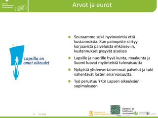 4.2.20186
.
Seuraamme sekä hyvinvointia että
kustannuksia. Kun painopiste siirtyy
korjaavista palveluista ehkäiseviin,
kustannukset pysyvät aisoissa
Lapsille ja nuorille hyvä kunta, maakunta ja
Suomi luovat myönteistä tulevaisuutta
Nykyistä yhdenvertaisemmat palvelut ja tuki
vähentävät lasten eriarvoisuutta.
Työ perustuu YK:n Lapsen oikeuksien
sopimukseen
Työ perustuu YK:n Lapsen oikeuksien
sopimukseen.
6
Arvot ja eurot
 