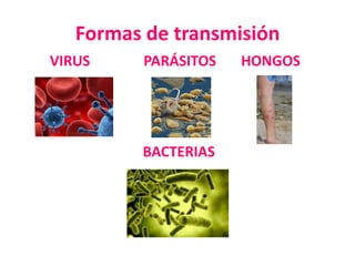 Formas de transmisión
VIRUS

PARÁSITOS

BACTERIAS

HONGOS

 